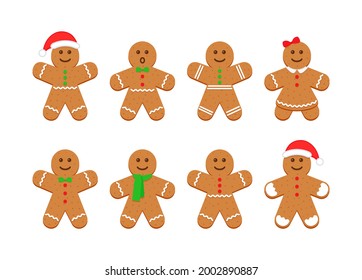 Gingerbread man and woman. Classic Christmas cookies. Xmas biscuit isolated on white background. Vector illustration. Noel holiday sweet dessert. Cute ginger bread character in flat cartoon design.