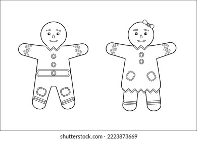 Gingerbread Man And Woman Coloring Book Page For Christmas. Kids Activity Sheet For Winter Holiday. Vector Illustration.