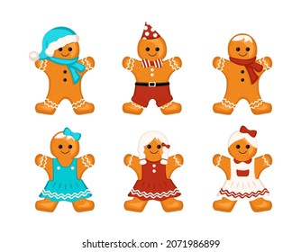 Galletas de pan de jengibre para hombres y mujeres, decoración para el año nuevo, Navidad y festividades. Biscuits en sombrero de Santa, vestido, con estampado de cristal y cara alegre. Ilustración plana del vector