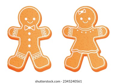 Gingerbread man and woman cute christmas cookies textures with decorations in cartoon style isolated on white background.