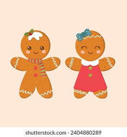 Gingerbread man and woman. Cute vector illustration in cartoon style.