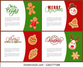 Gingerbread man and woman, head of snowman and deer, snowflake and ball. Merry and bright Christmas colorful paper cards with cookies and lettering vector