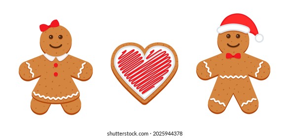 Gingerbread man, woman and heart. Classic Christmas cookies. Xmas biscuit isolated on white background. Noel holiday sweet dessert. Cute ginger bread characters in flat design. Vector illustration.