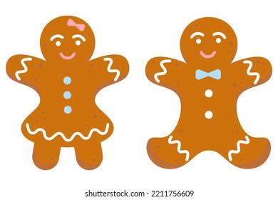 Gingerbread man and woman. Homemade Christmas cookies. Winter holiday celebration theme. Vector illustration in flat style isolated on white background.