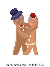 Gingerbread man and woman. Homemade Christmas cookies. Winter holiday celebration theme.Gingerbread couple dancing.Vector illustration on a white background.