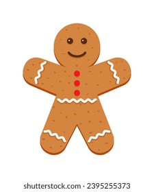 Gingerbread man. Xmas biscuit isolated on white background. Classic Christmas cookies. Noel holiday sweet dessert. Cute ginger bread character in flat cartoon design. Vector illustration.