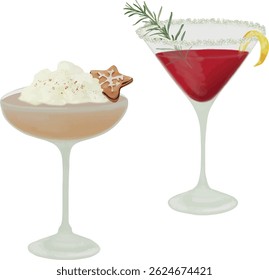Gingerbread Martini, Pomegranate Martini, vector, watercolor, printable illustration, party drinks, bar cocktails, cocktail set, for menu
