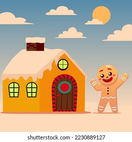 Gingerbread Mascot character cute happy with their Sweet Home kids Illustration Vector 