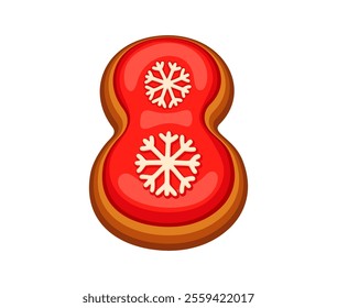 Gingerbread math number eight adorned with snowflakes and red icing, evokes a festive, winter ambiance. Christmas cookie dessert 8 mathematics symbol font, xmas typeface, new year type pastry alphabet