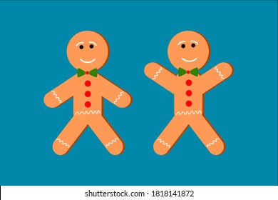 Gingerbread men with arms in different positions, green bow tie and red buttons. Christmas candies. Smiling and cheerful gingerbread cookies.