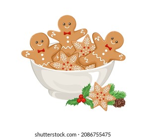 Gingerbread men in bowl isolated on white background. Vector Christmas illustration. Cartoon flat style.