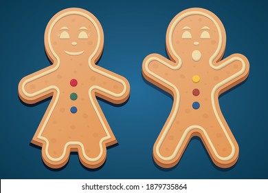 Hombres de pan de jengibre. Conjunto de ilustraciones vectoriales coloreadas. Fondo ciano aislado. La chica del vestido se ríe. El niño levantó las manos sorprendido. 
