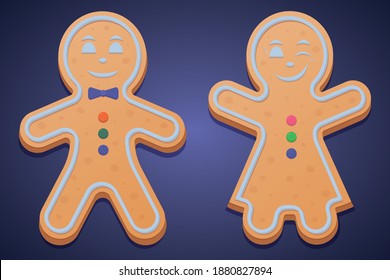 Gingerbread men. Colored vector illustration set. Isolated purple background. The girl in the dress raised her hands and winked. Boy with bow tie. Gingerbread Cookie. Festive figured dessert. 