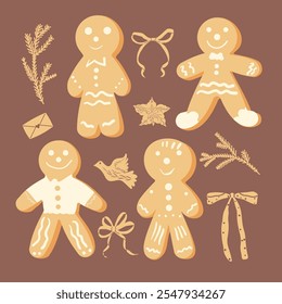 Biscoitos de homens de gengibre. Cartaz festivo caseiro. Sobremesa doce de Natal com decoração gelada. Ilustração desenhada à mão do vetor isolada no fundo escuro.