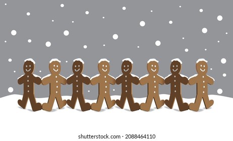 Gingerbread men dancing hand in hand in the snowfall.  