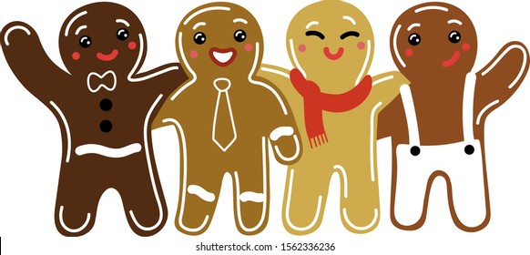 Gingerbread men of different nationalities are smiling, standing together, hugging, waving hands. Vector stock illustration on a white background.