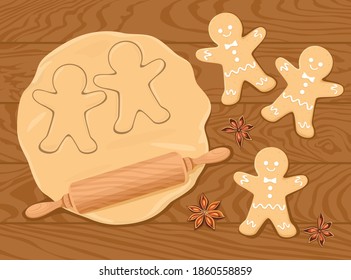 Gingerbread men, dough and rolling pin on a wooden background. Cooking holiday cookies. Vector illustration in cartoon flat style.