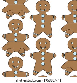 Gingerbread men, girl and boy, seamless pattern on a white background. for fabric, packaging. Vector stock illustration.