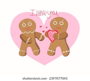 Gingerbread men with heart, couple of lovers, postcard, congratulation. Inscription I love you, hand lettering. Heart shape, love. Valentine's Day. Vector flat illustration.