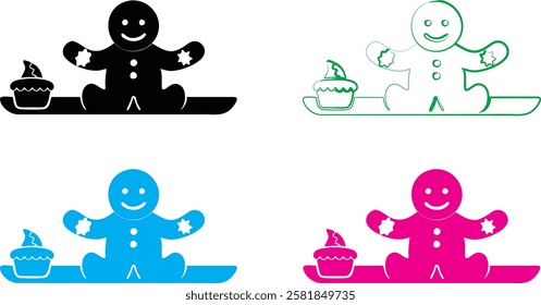 Gingerbread men icons, simple line drawings, smiling faces, colorful outlines, black white blue green pink, minimalist design, cheerful characters, holiday symbols, vector graphics, cute cookie shapes