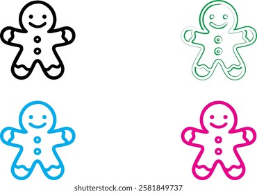 Gingerbread men icons, simple line drawings, smiling faces, colorful outlines, black white blue green pink, minimalist design, cheerful characters, holiday symbols, vector graphics, cute cookie shapes