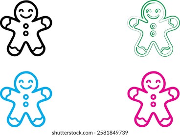 Gingerbread men icons, simple line drawings, smiling faces, colorful outlines, black white blue green pink, minimalist design, cheerful characters, holiday symbols, vector graphics, cute cookie shapes