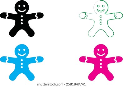 Gingerbread men icons, simple line drawings, smiling faces, colorful outlines, black white blue green pink, minimalist design, cheerful characters, holiday symbols, vector graphics, cute cookie shapes