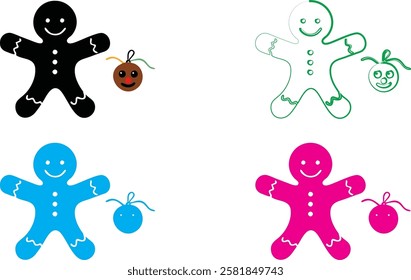 Gingerbread men icons, simple line drawings, smiling faces, colorful outlines, black white blue green pink, minimalist design, cheerful characters, holiday symbols, vector graphics, cute cookie shapes