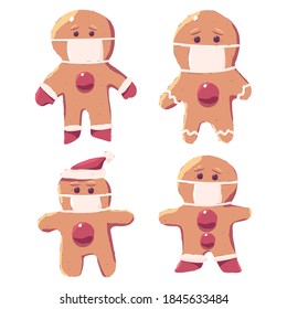 Gingerbread men in medical mask. Vector cartoon character set isolated on a white background.