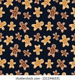 Lebkuchenmänner auf schwarzem Hintergrund. Nahtlose Muster.Textur für Gewebe, Umhüllung, Tapete
