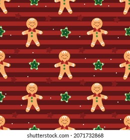 Gingerbread men on a red background. Christmas pattern for family holiday Christmas, New Year, textiles, fabric, wrapping paper, background.