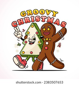 Gingerbread Men and pine tree cookie characters walk together, cute mascot character for Christmas and winter. Suitable for logos, mascots, t-shirts, stickers and posters