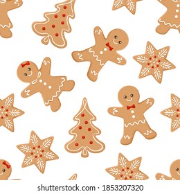 Gingerbread Men, Snowflakes And Christmas Trees Seamless Pattern. Christmas Or New Year Background. Festive Baked, Cute Design. 