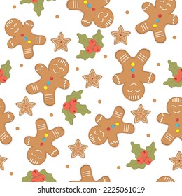 Gingerbread men, snowflakes and Christmas trees seamless pattern. Christmas or New Year background. Festive baked, cute design.