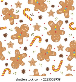 Gingerbread men, snowflakes and Christmas trees seamless pattern. Christmas or New Year background. Festive baked, cute design.