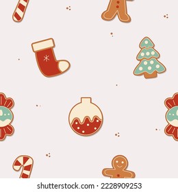 Gingerbread men, snowflakes and Christmas trees seamless pattern. Christmas or New Year background. Festive baked, cute design.