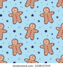 Gingerbread men, snowflakes seamless pattern. Christmas background. Festive baked, flat design, doodle style.