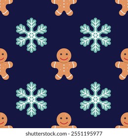 Gingerbread men, snowflakes seamless pattern. Christmas or New Year background. Festive baked cookies, flat design, doodle style.