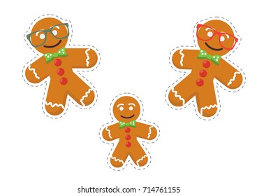 Gingerbread men stickers vector templates. Christmas traditional sweet cookies or biscuits charcters made in a cartoon style. Great also as  stickers for Saint Nicholas Day or Feast.