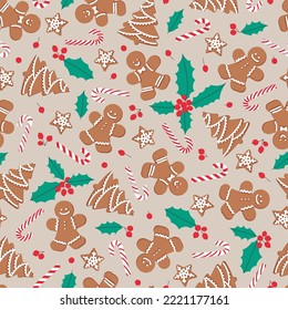 Gingerbread men, trees, stars with candy canes and holly leaves and berries on beige background. Seamless vector pattern for new year's day. Christmas holidays, cooking, new year's eve background.