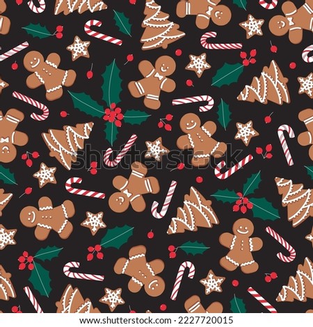 Gingerbread men, trees, stars with candy canes and holly leaves and berries on black background. Seamless vector pattern for new year's day. Christmas holidays, cooking, new year's eve background.