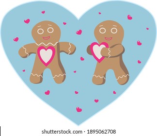 Gingerbread men - valentines postcard, congratulations on Valentine's Day. Minimalism style. Heart shaped background