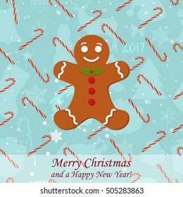 Gingerbread men. Vector.Seamless pattern background with christmas caramel snack, cookies, tradition sweets.Merry Christmas and a happy new year text.Greeting card or poster design for xmas holidays.
