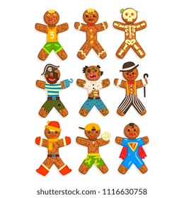 Gingerbread men wearing different costumes set, funny Christmas characters ector Illustration on a white background