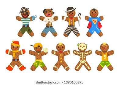 Gingerbread men wearing different costumes set, funny Christmas characters ector Illustration on a white background