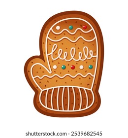 Gingerbread mitten adorned with glaze flat color vector object. Festive homemade pastry for Christmas celebration illustration on white