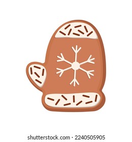 Gingerbread mitten cookie. Vector illustration of sweet homemade snack with icing for winter holidays. Cartoon ginger biscuit of mitten shape isolated on white background. Christmas, dessert concept