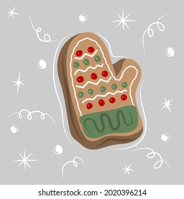 Gingerbread mitten in doodle style. Christmas and new years holidays vector decoration. 