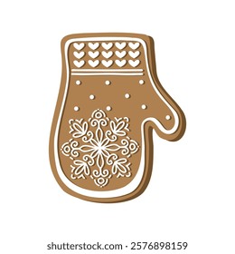 Gingerbread mitten holiday cookie. Flat vector illustration in brown and white colors