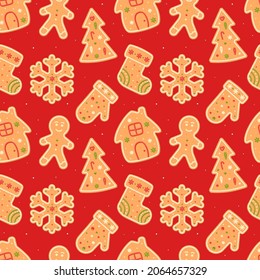 Gingerbread mitten. Stoking. House. Fir tree. Snowflake. Christmas red seamless pattern with cookie in the form of mans, mittens, stockings. Isolated vector stock illustration EPS 10.